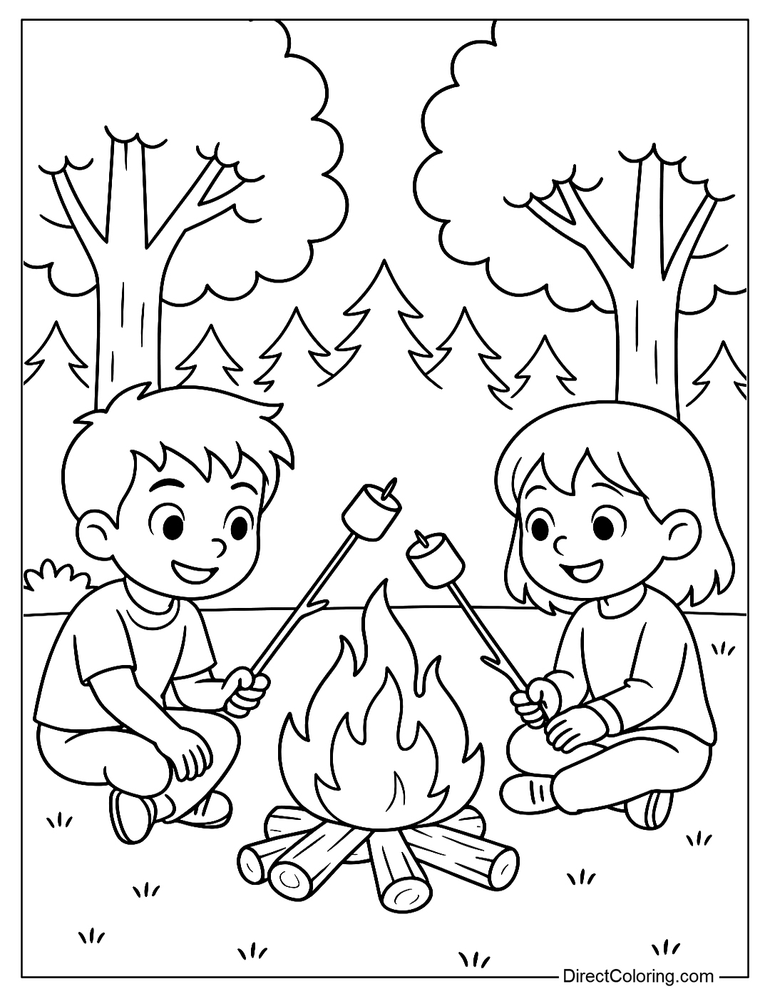 Coloring page of a boy and a girl roasting marshmallows around a campfire.